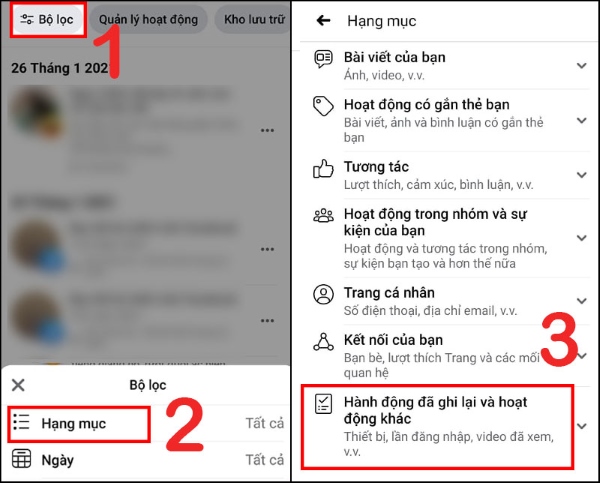 Chọn Bộ lọc > Hạng mục > Hành động đã ghi lại