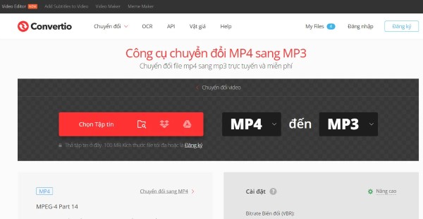 Chuyển đổi MP4 sang định dạng MP3 bằng công cụ trực tuyến Convertio.