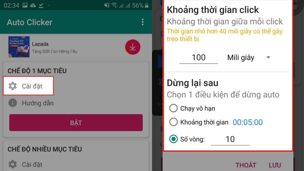 Chọn "Cài đặt" trong Chế độ 1 mục tiêu