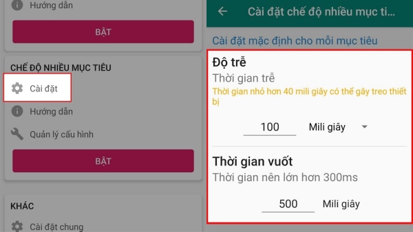 Chọn "Cài đặt" trong Chế độ nhiều mục tiêu