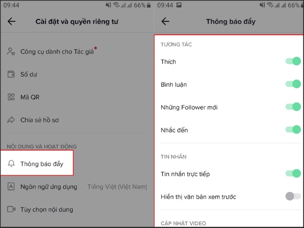 Chọn Thông báo đẩy để xem và quản lý các loại thông báo