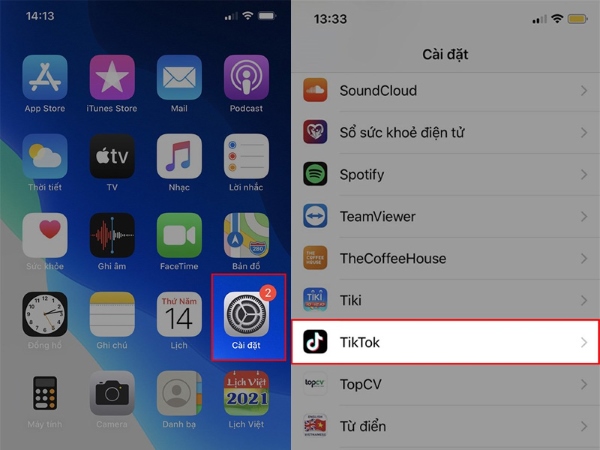 Chọn Thông báo, sau đó tìm và chọn TikTok