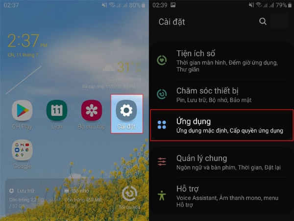 Chọn mục Ứng dụng