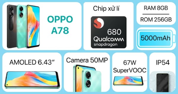 OPPO A78 được trang bị sạc nhanh 67W.
