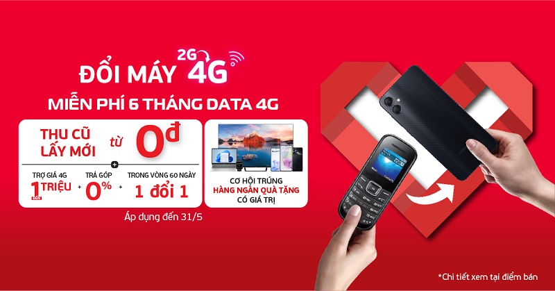 Đổi máy 2G lên 4G – Miễn phí 6 tháng Data 4G cùng cơ hội trúng hàng ngàn quà tặng giá trị