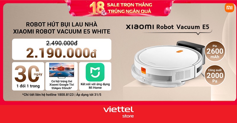 Hotsale mở bán Robot hút bụi Xiaomi Vacuum E5 White giá chỉ còn 2,19 triệu cùng cơ hội trúng tivi Xiaomi