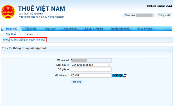 Chọn Tra cứu thông tin người nộp thuế