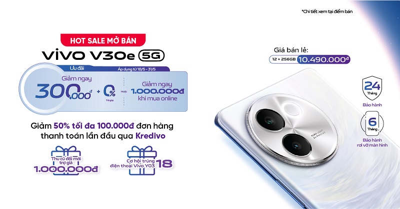 Hotsale mở bán: Mua Vivo V30e 5G giảm ngay 1.000.000đ khi mua online