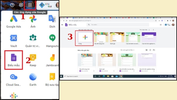 Chọn mục "Biểu mẫu" từ menu nhiều chấm bên cạnh avatar 