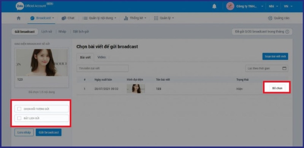 Nhấn Chọn đối tượng gửi và Đặt lịch gửi