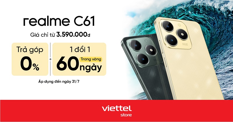 Tại Viettel Store mua realme C61 giá chỉ từ 3.590.000đ, 1 đổi 1 trong vòng 60 ngày