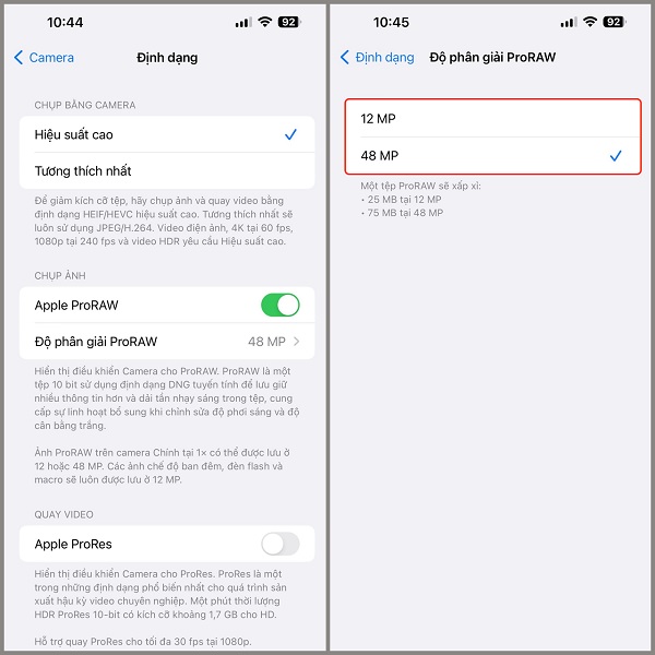 Chọn độ phân giải Apple ProRAW