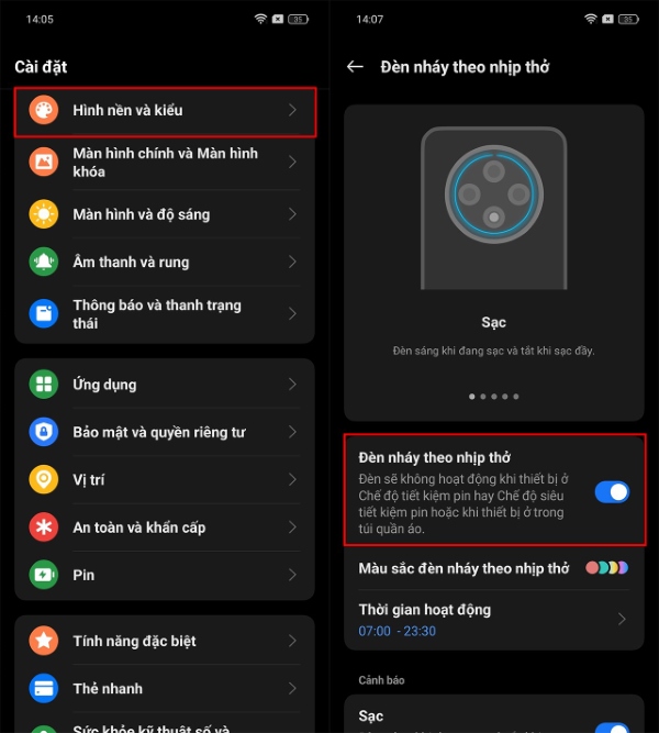Bật tính năng đèn nháy theo nhịp thở