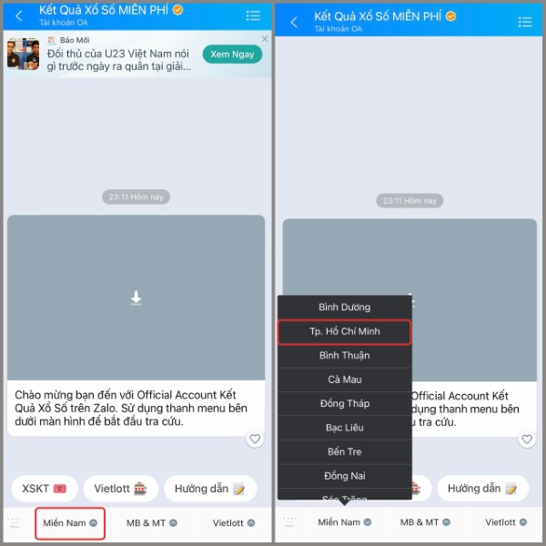 Chọn Miền Nam, sau đó chọn tỉnh thành bạn muốn xem kết quả