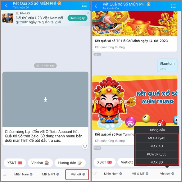 Chọn mục Vietlott, tiếp đó chọn loại vé số Vietlott bạn muốn tra cứu