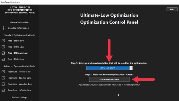 Chọn màn hình phù hợp tại Step 1 và nhấn Execute Optimization