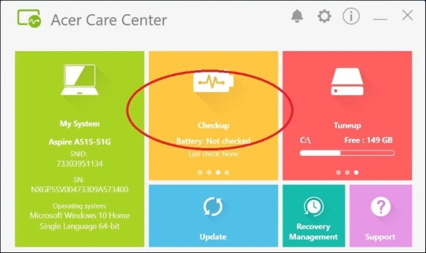 Mở Acer Care Center, sau đó chọn tab Battery (Pin)