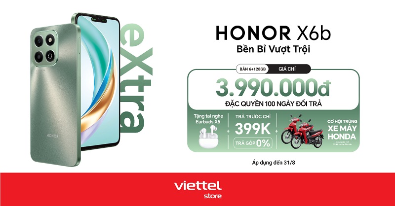 Hotsale mở bán: HONOR X6b giá chỉ 3.990.000 đồng, tặng tai nghe Earbuds X5 cùng cơ hội trúng xe máy Honda