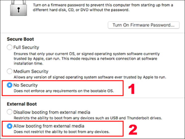 Chọn No Security ở mục Secure Boot