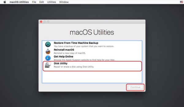 Chọn Disk Utility > Continue (Tiếp tục)