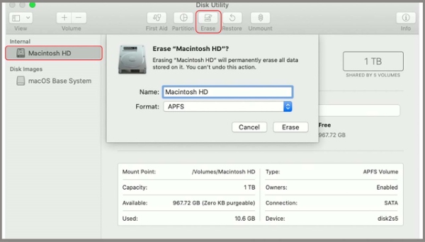 Chọn Macintosh HD > Xóa (Erase)