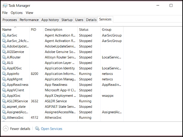 Hiển thị thông tin tương tự như trong services.msc