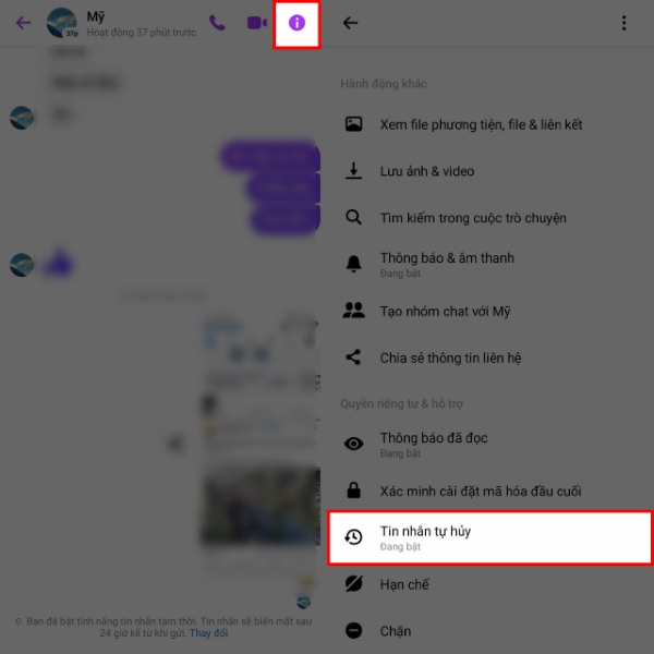 Kéo xuống dưới và chọn mục "Tin nhắn tự hủy"