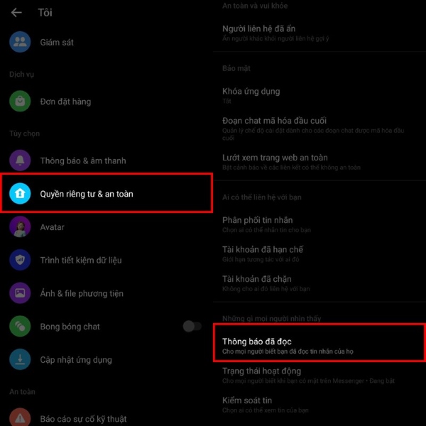 Kéo xuống dưới màn hình và chọn mục "Quyền riêng tư & an toàn"
