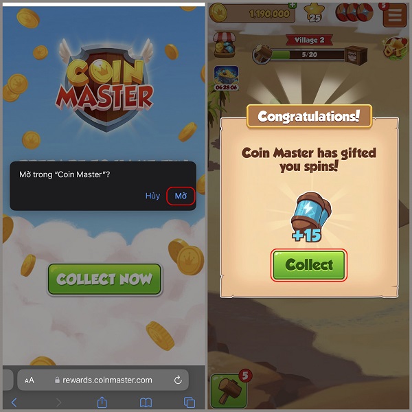 Chọn "Collect" để nhận Spin hoặc phần thưởng khác
