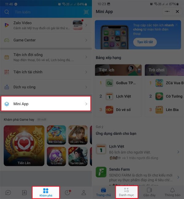 Nhấn vào Mini Apps dành cho bạn và chọn Danh mục