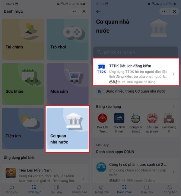 Chọn mục Cơ quan nhà nước và nhấn vào TTDK Đặt lịch đăng kiểm