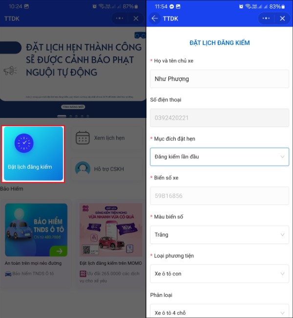 Chọn mục Đặt lịch đăng kiểm