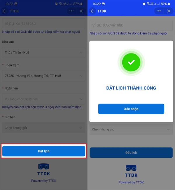 Nhấn Đặt lịch để hoàn tất quy trình