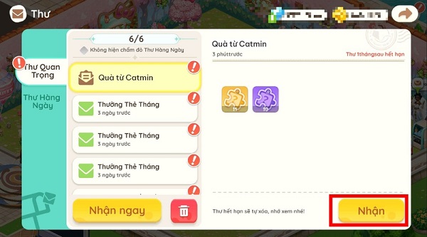 Sau khi nhập mã thành công, truy cập game và kiểm tra hộp thư trong trò chơi