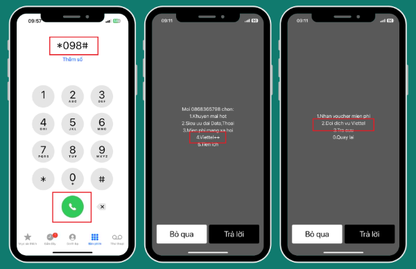 Nhấn *098# và chọn Viettel ++, chọn Đổi dịch vụ Viettel