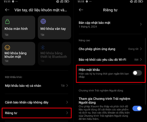 Tắt hiện mật khẩu khi nhập.