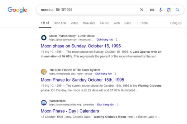 Tìm kiếm chu kỳ trăng trên Google
