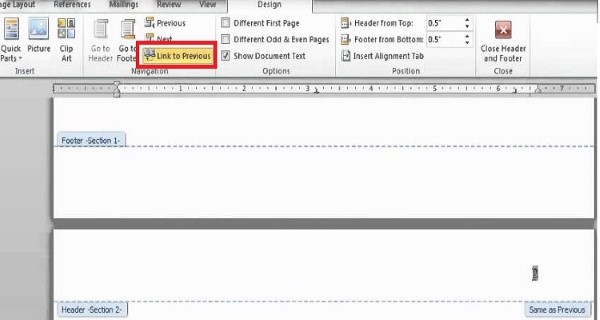 Mở công cụ Header & Footer và nhấn tắt Link to Previous