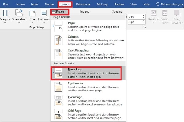 Vào Layout, chọn Break > Next Page