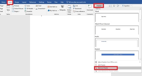 Chọn Header > Remove Header nếu muốn xóa số ở đầu trang