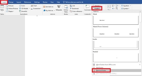 Chọn Footer > Remove Footer nếu muốn xóa số ở cuối trang