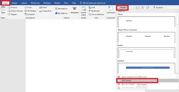 Chọn Header hoặc Footer > nhấn Edit Header hoặc Edit Footer