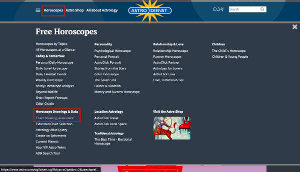 Chọn "Horoscope Drawing & Data"