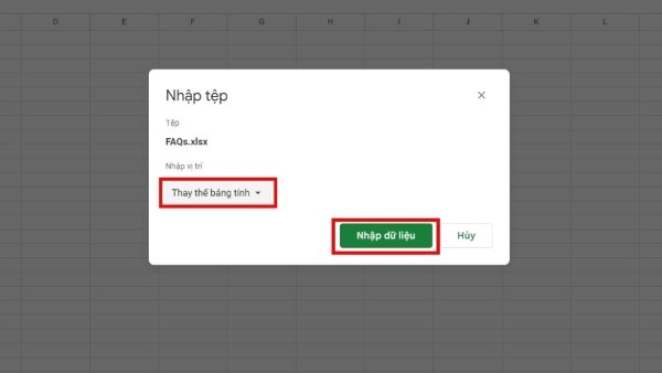 Nhấn “Nhập dữ liệu” để hoàn tất việc nhập tệp vào Google Sheet