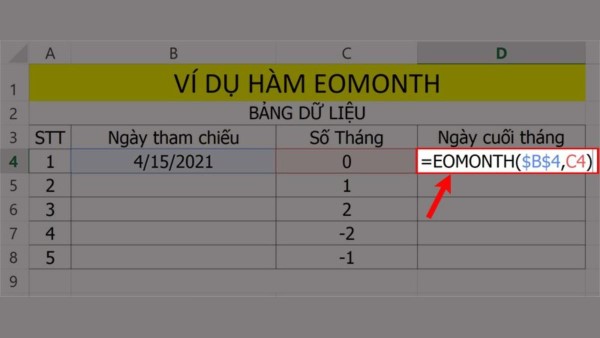 Nhập công thức =EOMONTH($B$4,C4)