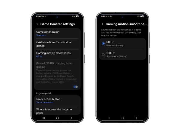 Samsung đưa ra hai tùy chọn tần số quét 60Hz và 120Hz trên với One UI 7