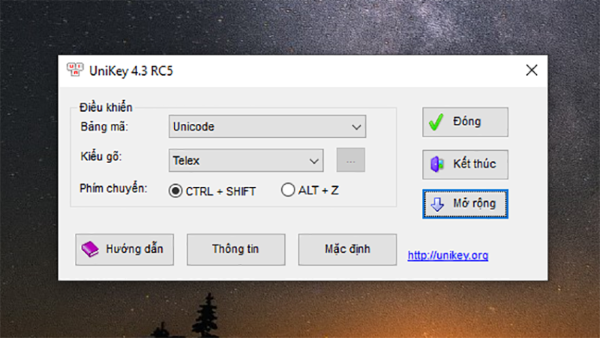 Phím tắt Ctrl + Shift + F5 hiển thị giao diện chính của Unikey