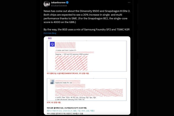 Snapdragon 8 Elite 2 và Dimensity 9500 đều đạt điểm số gần 4,000 trên Geekbench 6