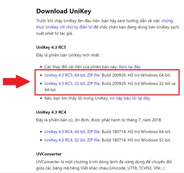Chọn mục Download và tìm phiên bản UniKey phù hợp với cấu hình máy tính
