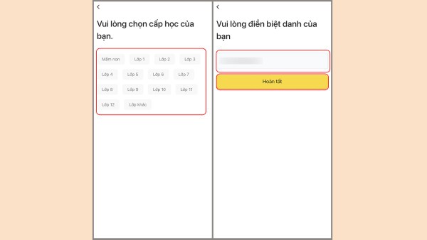 Chọn bậc học hiện tại và nhập biệt danh cá nhân
